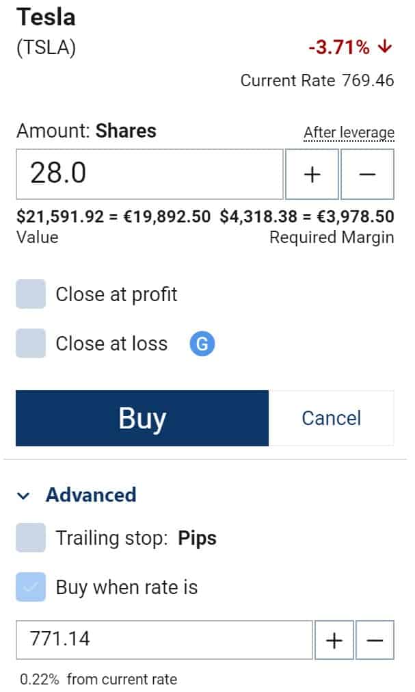Beställningsskärm Plus500-handledning